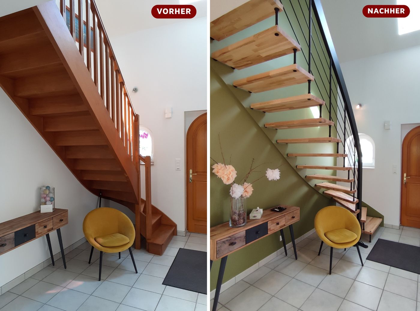 Vorher alte Wangentreppe und nachher neue Systemtreppe aus Holz